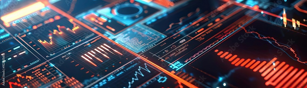 Aufkleber Futuristic digital interface displaying data visualizations, graphs, and metrics. Ideal for tech and finance themes.