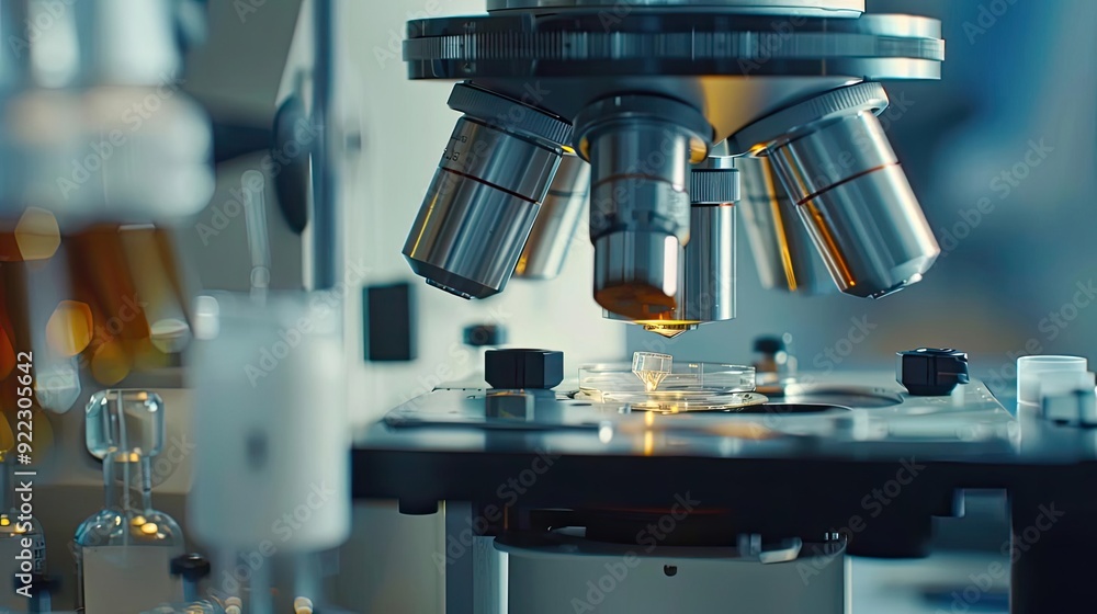Poster close-up of a microscope in a laboratory, showcasing intricate details and advanced technology for s
