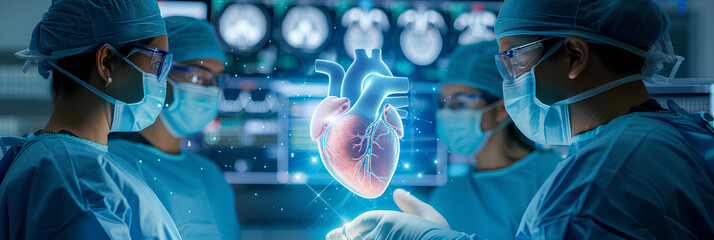 An image of 4 doctors with clothing and operation environment, in the middle of the 4 doctors there is a hologram style illustration of a heart