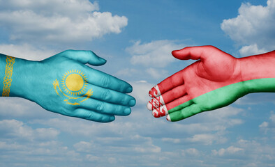 Belarus and Kazakhstan country handshaking with flags, consensus concept international co-operation illustration