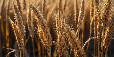 Fototapeta premium A bunch of golden wheat stalks, ripe and ready for harvest.
