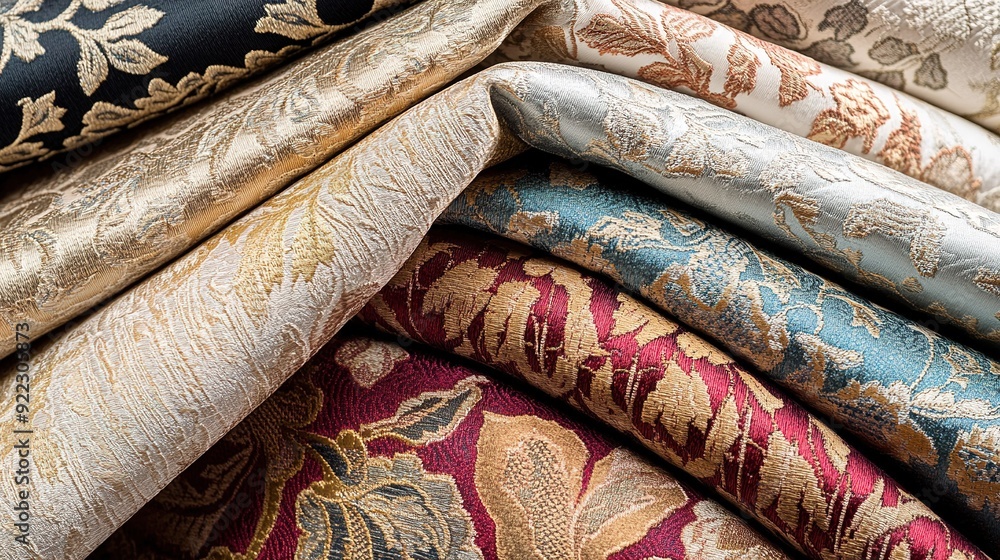 Poster elegant embroidered fabric samples arranged in a layered display showcasing intricate patterns and t