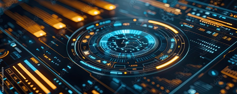 Aufkleber Futuristic digital interface design with glowing elements, ideal for technology, data analysis, and sci-fi visual themes.