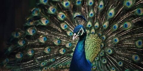 Obraz premium An exquisite image of a peacock with its feathers fully spread, displaying a stunning array of iridescent blues and greens.