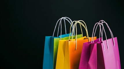 Colorful shopping bags against a black background for Black Friday deals.