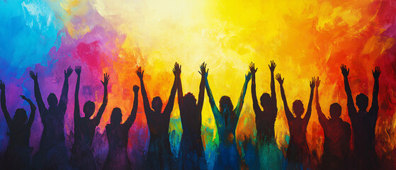 Silhouette of People Raising Hands in Celebration Against Colorful Background, Silhouette of People Raising Hands in Celebration Against Colorf