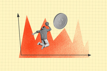 Composite photo collage of anonym man jump push basketball ball coin income business development...