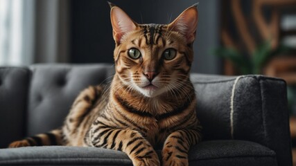 Funny bengal cat sitting on the sofa in the room.