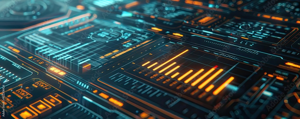 Poster Futuristic digital technology interface showcasing advanced data visualization and circuit designs with glowing elements.