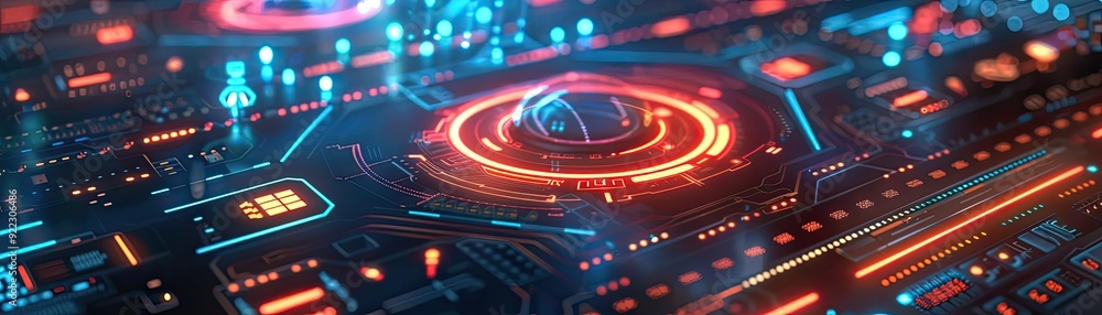Poster Vibrant digital abstract background with glowing lines and circles, representing advanced technology and data networks.