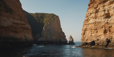 Intricate coastal cliff formations in warm tones.