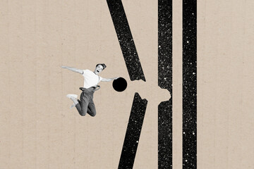 Composite photo collage of astonished guy business career ball broke obstacle chart determination...