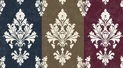 Decorative damask pattern showcasing three color variations in blue, beige, and burgundy, highlighting intricate floral designs