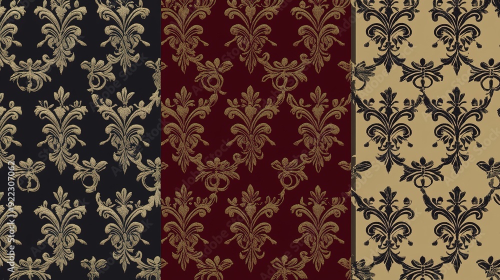 Poster elegant damask patterns featuring rich colors and intricate designs displayed on textured background