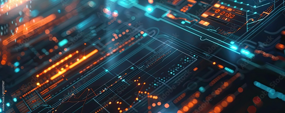 Poster a vibrant digital circuit board background with glowing lines and nodes, showcasing advanced technol