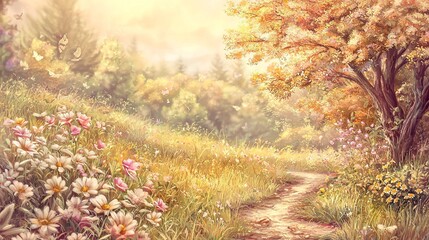 Peaceful Forest Path with Blossoming Flowers and Soft Light
