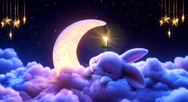 Seamless looping 4k time-lapse lofi animation video background. A cute rabbit sleeping on fluffy clouds under a crescent moon and twinkling stars in a peaceful night sky.