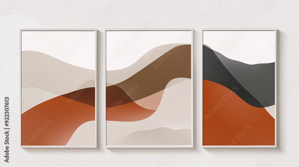 Poster a set of three interconnected abstract posters with a continuous minimalistic image, displayed on a 