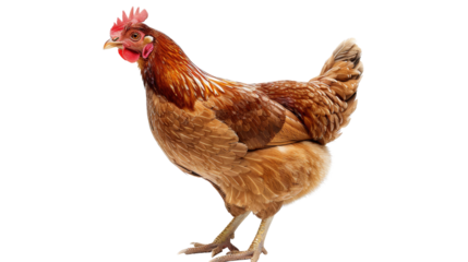 Isolated Mature Hen with Brown Feathers and Red Comb, No Background.
