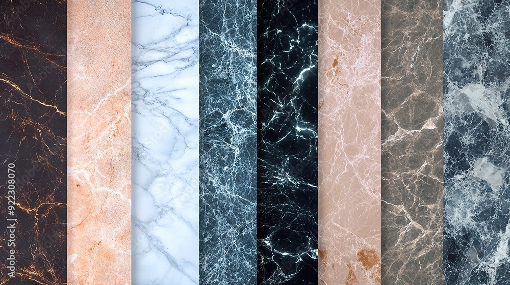 Poster various marble textures displayed in a row, showcasing different colors and patterns for interior de