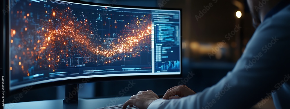 Poster close-up of a data scientist analyzing ai data on a curved monitor