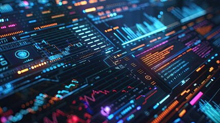 Fototapeta premium A vibrant digital interface showcasing colorful data visualization and analytics elements for technology and finance.