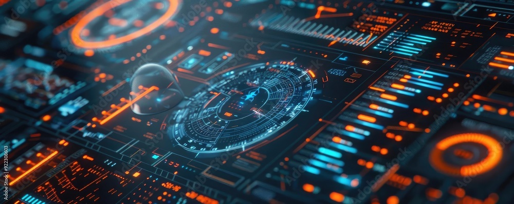 Aufkleber Futuristic digital interface with glowing panels, circuits, and data displays showcasing advanced technology and design.