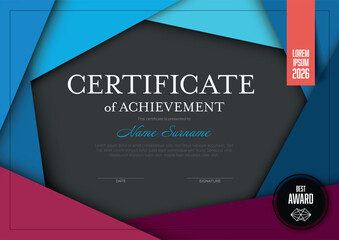 Blue certifical achievement print document template with place for your content. Diploma template with ble and red blocks on the border horizontal solid dark color version.