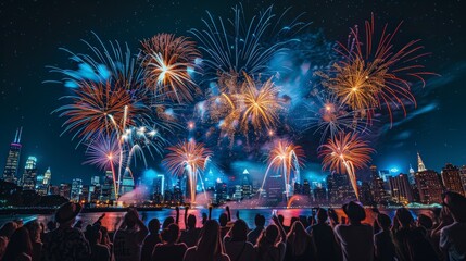 Obraz premium Independence Day Spectacular: 4th of July Fireworks Illuminate City Skyline as Crowds Gather to Celebrate Freedom