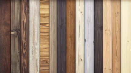 Various types of wooden planks arranged in a row showcasing different grains and colors