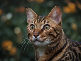 Funny muzzle of a Bengal cat looking up.