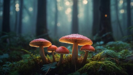 Brightly glowing mushrooms are featured in a digital art representation of an enchanted forest scene, surrounded by a mystical fog.