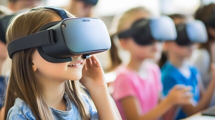 Young girls wearing VR headsets in a classroom setting, engaging in immersive learning activities.