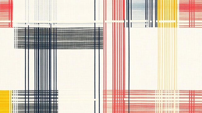 Colorful checkered fabric pattern with red, yellow, and blue lines on a white background