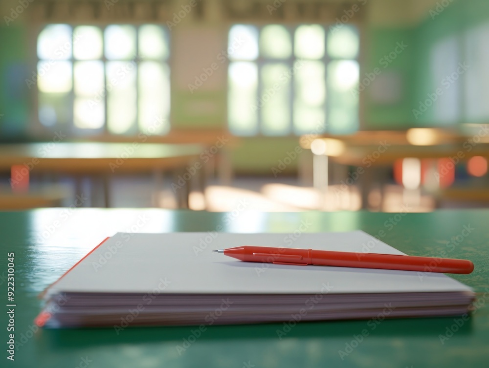 Poster a red pen resting on a stack of papers on a green desk in a blurred classroom setting.
