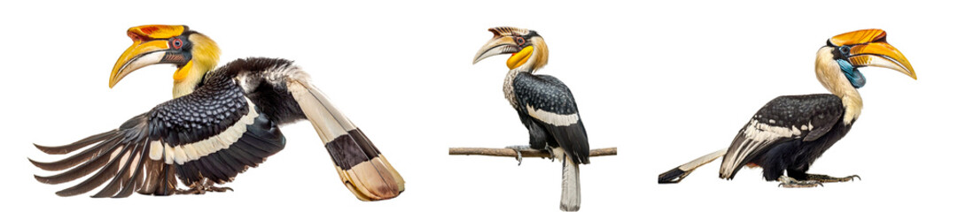 Obraz premium A striking Great Hornbill (Buceros bicornis) with its distinctive yellow-and-black cap and tail, isolated on a white background, highlights this magnificent tropical bird.