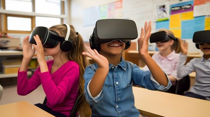 Children in a classroom using VR headsets, experiencing an interactive virtual reality lesson.