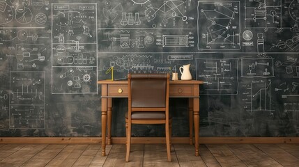Desk in a steampunk lab, chalkboards filled with complex drawings, mechanical gadgets, Steampunk, Sepia, Digital Art