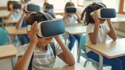 Children in a classroom using VR technology for an interactive educational experience.