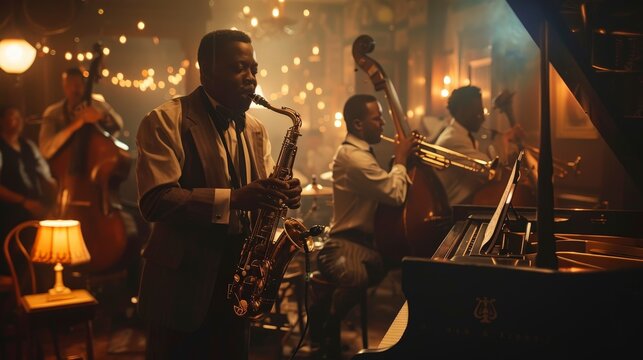 Melodic Magic: Jazz Band Performance in Dimly Lit New Orleans Club