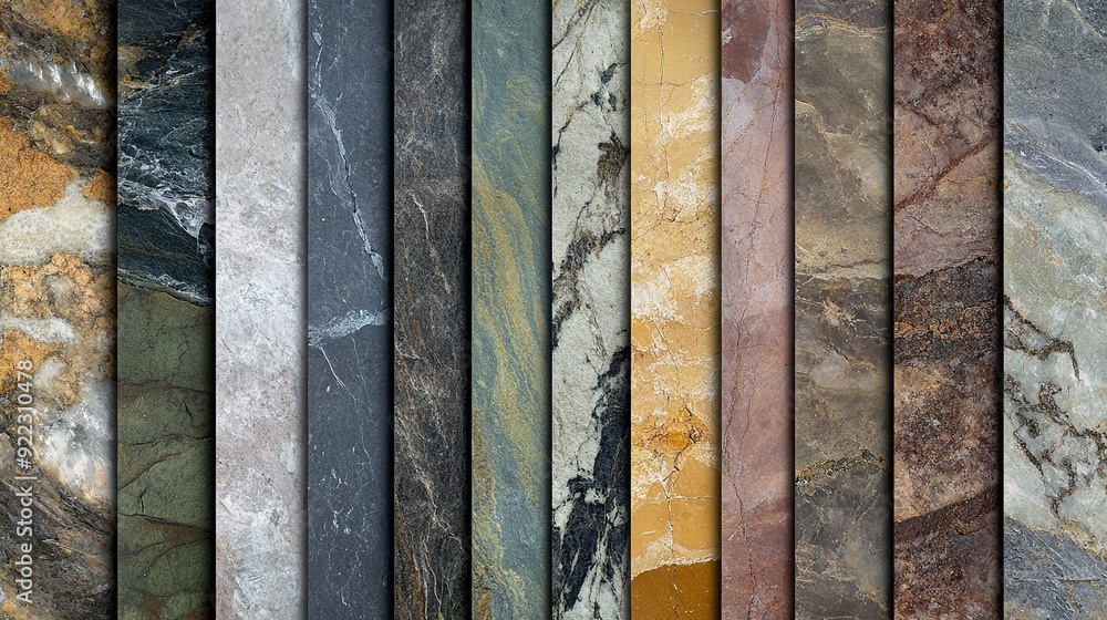Aufkleber various textured stone slabs displayed in a row, showcasing natural colors and patterns found in dif