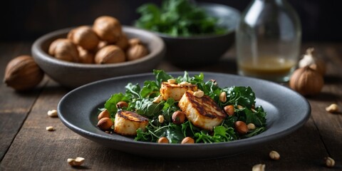 Gourmet Halloumi Dish with Hazelnuts and Greens.