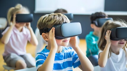 Children engaged in VR learning with headsets in a classroom setting.