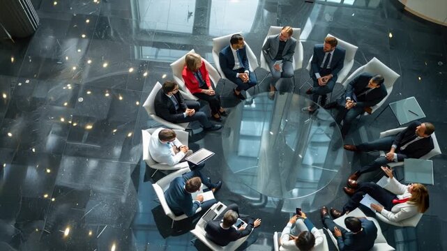 Circular Conversation:  A group of diverse business professionals engage in a productive and collaborative discussion, forming a circle around a glass table in a modern office setting.  The aerial vie