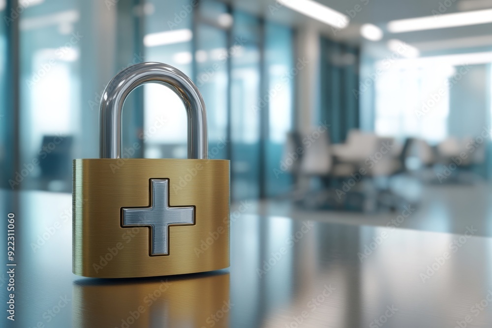 Poster this is a visual representation depicting healthcare data security, showcasing a robust padlock in a