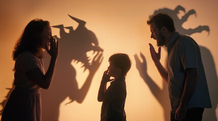 The child's parents are arguing, and the child stands there, covering their ears, not wanting to hear. The shadows on the wall from the parents appear as terrifying monsters. This concept reflects dom