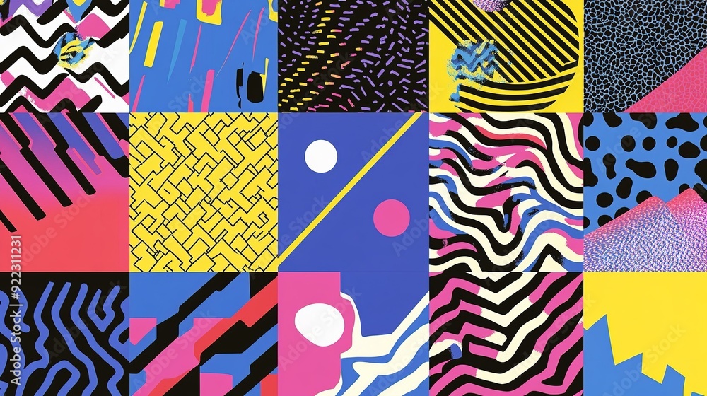 Poster colorful geometric patterns displayed in a vibrant grid design featuring bold lines and shapes