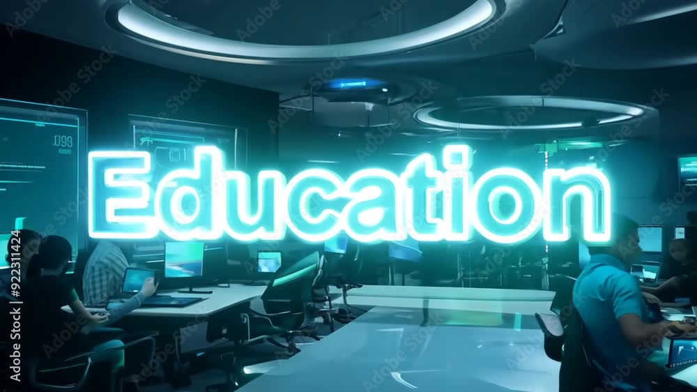 Poster futuristic classroom with digital learning tech generative ai