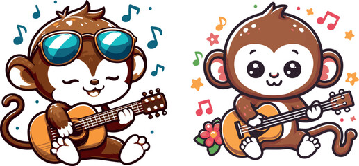 Naklejka premium Cute Monkey Playing Guitar Cartoon Graphic