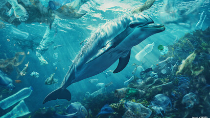 Fototapeta premium A dolphin swimming with plastic bottles in the polluted ocean with rubbish and garbage. Sea microplastic pollution, environmental problems, global environmental changes. 
